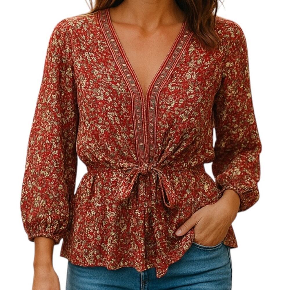 Max Studio Sz L Casual Style Tie Front Top Fire Wild Bud Color 3/4 Sleeves | EUC